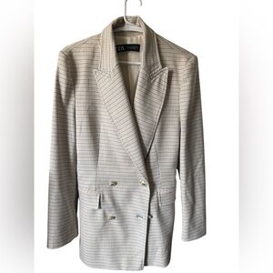 Zara Cream and Blue Checkered Blazer